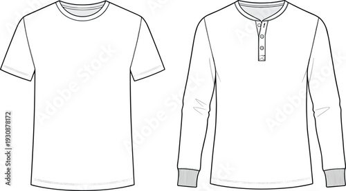 Blank t shirt and long sleeve shirt mockup set, front view apparel template isolated on white background