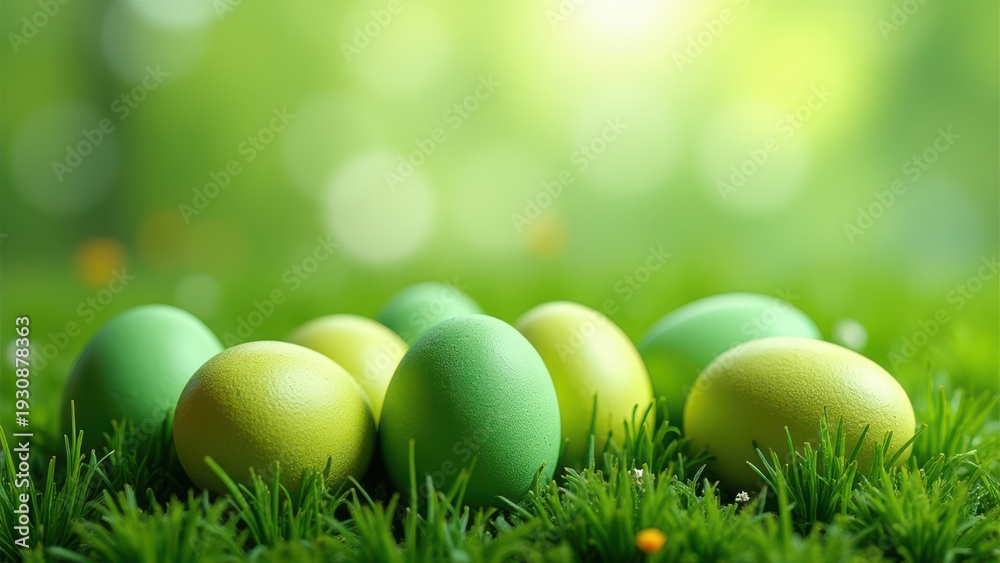 Fototapeta premium green easter eggs arranged on fresh grass background spring festive composition with natural texture and soft light concept of advertising branding retail