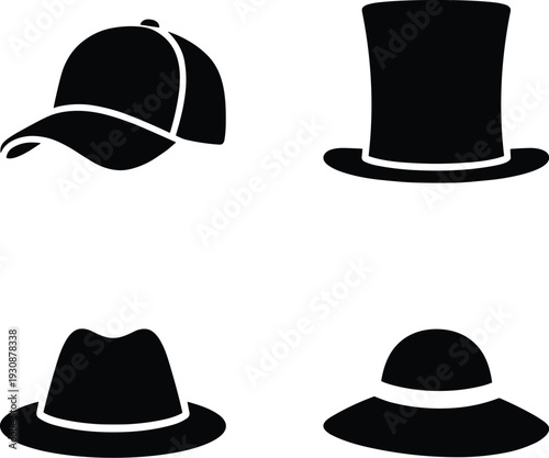 Hats, collection, silhouette, cap, fedora, top, hat, sunhat, fashion, accessory, icon, vector, illustration, black, white, isolated, clothing, style, wardrobe, set