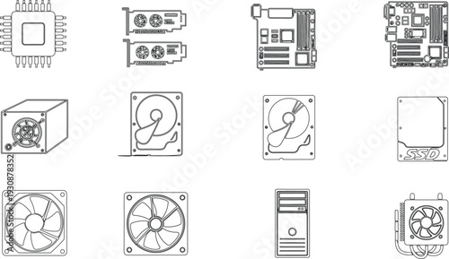 Computer hardware components and PC parts outline icon set