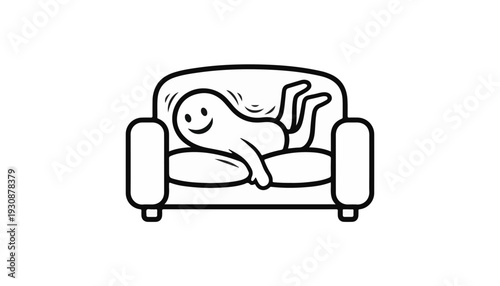 Minimalist couch swallowing person shape for relaxation metaphor and interior design spring home renovation campaign