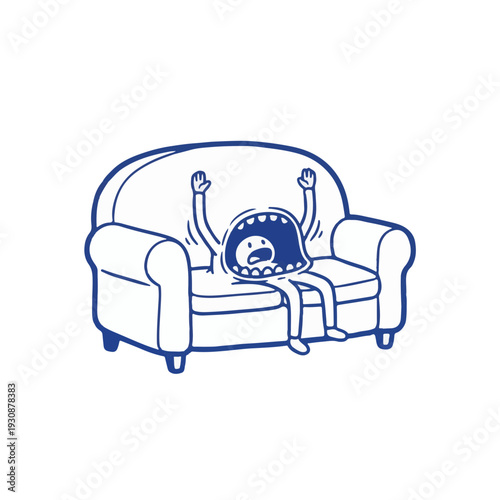 Hand-drawn couch swallowing human figure with messy hair for burnout concept and mental health awareness weekend