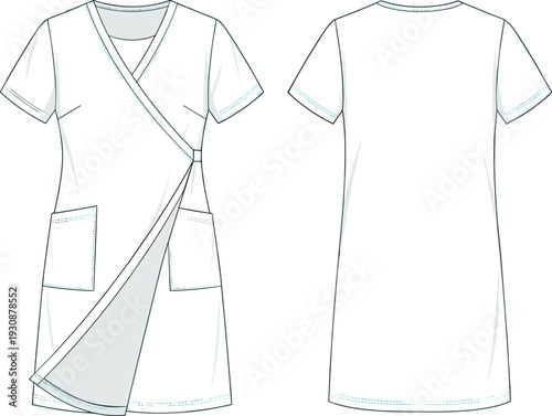 medical scrub dress uniform template, nurse wrap dress mockup, healthcare clothing front and back view, hospital workwear apparel design