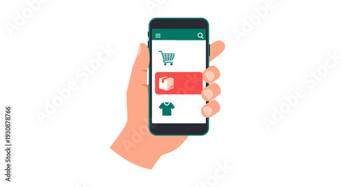 Hand holding smartphone with online shopping cart and notifications displayed on screen