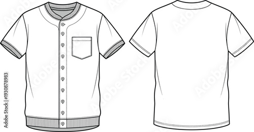 Men's short sleeve button t-shirt technical drawing, front and back view clothing design template vector illustration isolated