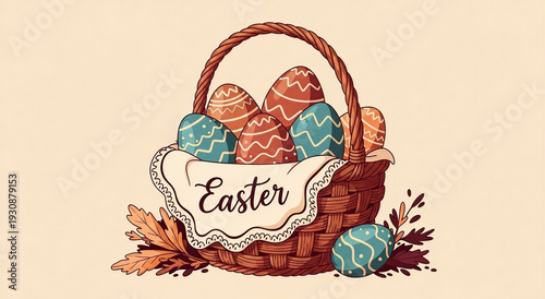 Easter basket filled with decorated eggs on soft background  