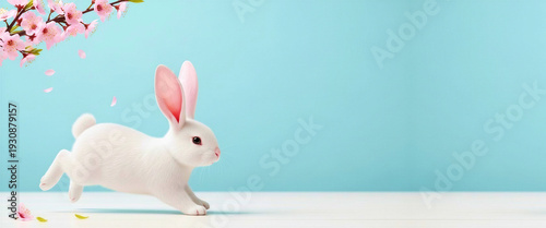 White bunny hopping past cherry blossoms on blue background  