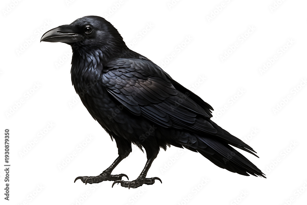 Fototapeta premium Detailed portrait of a black raven with glossy feathers on transparent background