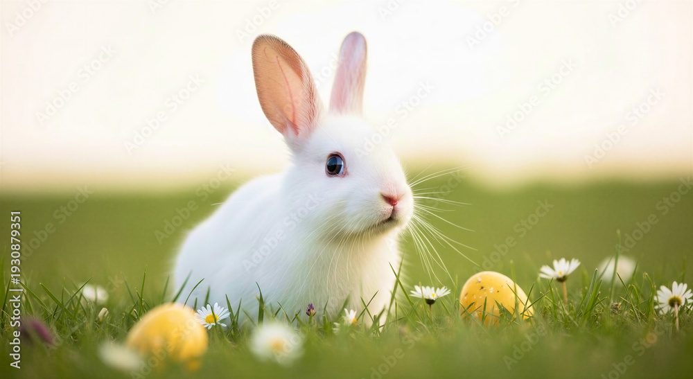 Fototapeta premium White rabbit sitting on grass among colorful Easter eggs 