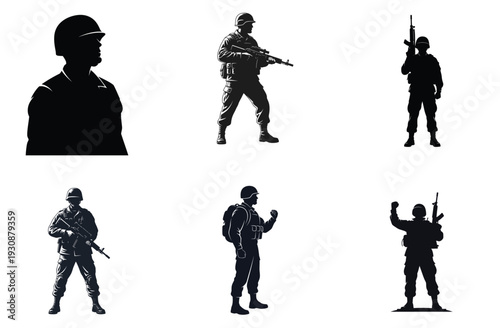 Soldier Silhouette Set, Military Personnel, Black and White Vector Illustration