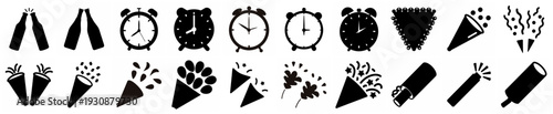 Celebration Banners and Party Decoration Icon Set - Black silhouette collection featuring hanging banners, garlands, clocks, confetti bursts and party decoration elements isolated on white background.