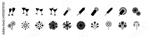 Microphones and Floral Ornament Icon Collection - Black silhouette set featuring microphones, magic wands, floral ornaments and decorative symbols arranged as simple icons isolated on white background