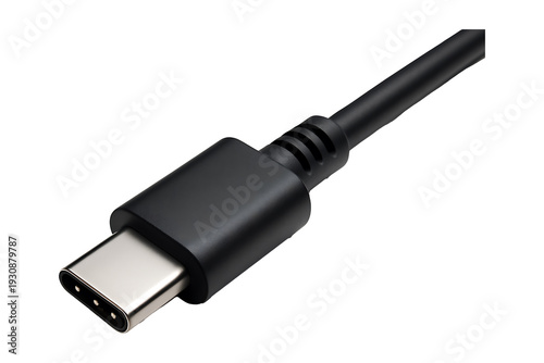A sleek black usb c cable connector with detailed design on transparent background