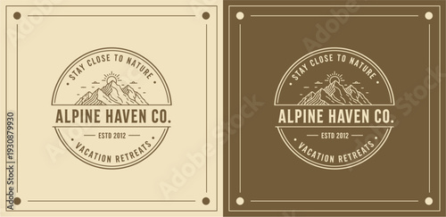 Vintage Alpine Haven Co. logos displayed on contrasting backgrounds, showcasing mountain emblems and classic typography in a dual-panel composition from a direct viewpoint