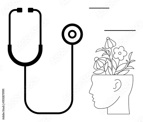 Stethoscope next to a head filled with flowers symbolizing mental health, growth, and care. Ideal for wellness, therapy, healthcare, mindfulness, psychology self-care and education. Simple flat