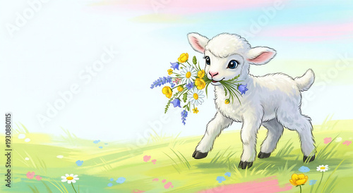 Lamb with Flowers in a colorful meadow during springtime  