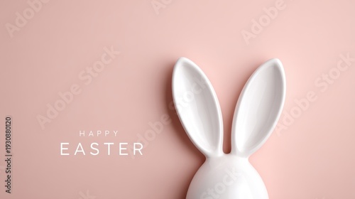 Minimalist happy easter greeting with white bunny ears on a soft pink background
