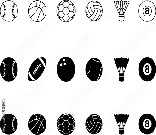 Set of 18 Sports Balls and Shuttlecock Icons Vector