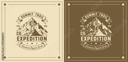 Expedition to the Mountain Summit Trail, Vector Illustration of Mountains and Expedition Label, Adventure Concept Art