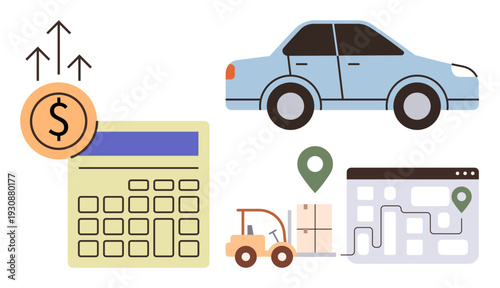 Business planning, delivery tracking, cost calculation, supply chain management, logistics strategy, transportation. Features calculator, car map forklift with packages. Business planning