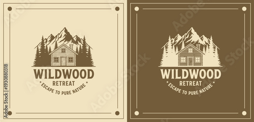 Mountain Retreat House Illustration Featuring a Serene Landscape Scene with a Cabin and Mountains, Presented in a Dual-Color Design Format, Vector Art Style