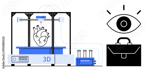 Medical technology, innovation, biomedical engineering, healthcare solutions, research, future trends. A 3D printer creating a heart, eye symbol and briefcase. Medical technology and innovation