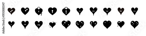 Black Heart Variations Silhouette Icon Set - Collection of black heart silhouettes with decorative cuts, cracks and romantic variations arranged as icons isolated on white background.