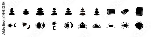 Sun Phases and Winter Hat Icon Collection - Black silhouette set featuring sun phases, winter hats, books and seasonal symbols arranged as simple icons isolated on white background.
