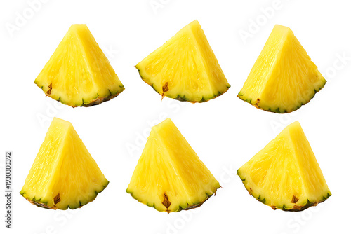 Six juicy pineapple slices arranged in a pattern on transparent background