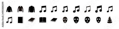 Music Notes and Mask Icon Collection - Black silhouette set featuring music notes, sweaters, books, masks and layered objects arranged as simple icons isolated on white background.