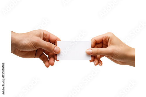 Two hands exchanging a blank white card perfect for mockups on transparent background