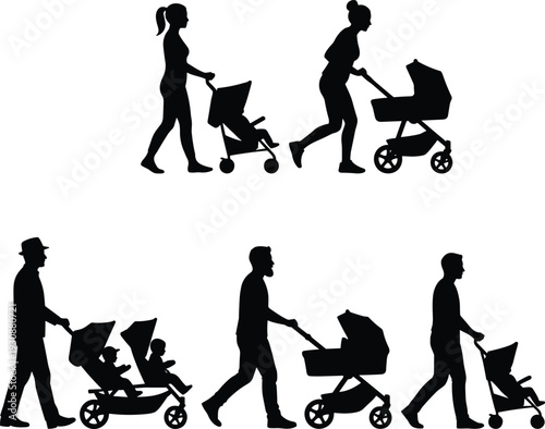 Parents walking with baby stroller silhouettes set, mother and father pushing pram with child, family parenting lifestyle vector illustration