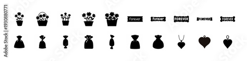 Chess Pieces and Crown Icon Set - Black silhouette collection featuring chess pieces, crowns, banners, hearts and decorative symbols isolated on white background for game and royalty themes.