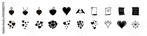Romantic Hearts and Wedding Icon Collection - Black silhouette set of hearts, doves, wedding rings, documents and floral symbols arranged as icons isolated on white background.