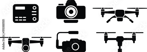 Drone and camera equipment silhouette icon set featuring quadcopter UAV, DSLR and video recording devices isolated vector