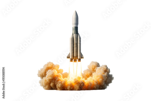 Realistic rocket launch with fiery exhaust trail isolated on transparent background
