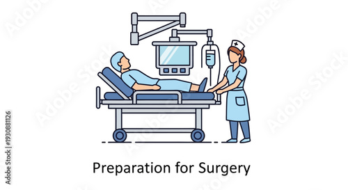 Illustration of a patient lying on a hospital bed in an operating room, with a nurse standing nearby and medical equipment overhead.