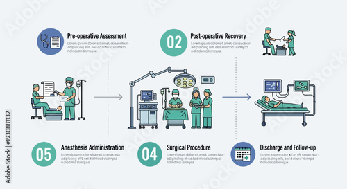 A comprehensive infographic illustrating the key stages of a surgical procedure, from pre-operative assessment to post-operative recovery and discharge.