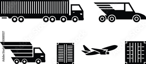 Freight truck and air cargo silhouette icon set for logistics transportation shipping and global delivery services vector