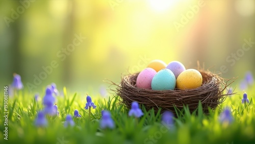 painted easter eggs resting in birds nest on green meadow with bluebells and bright sunlight blurred grass foreground spring landscape concept of greeting cards floristry tourism advertising