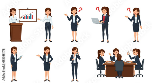 A collection of illustrations depicting a businesswoman in various professional scenarios, including presentations, meetings, and moments of confusion.