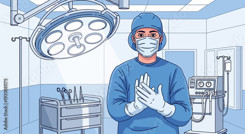 A surgeon in scrubs and mask prepares for surgery in a sterile operating room with medical equipment.