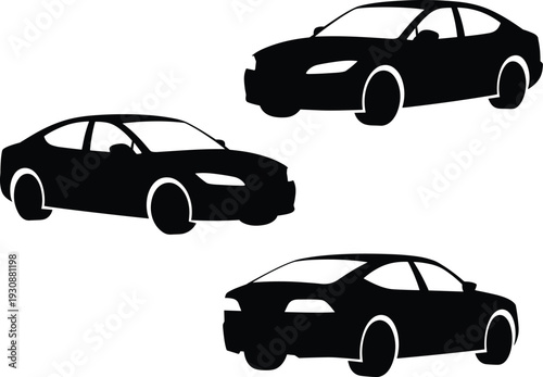 Modern sedan car silhouette collection with front and rear views isolated on white background, automotive vector design set