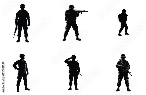 Soldier Silhouettes in Various Poses Vector Illustration