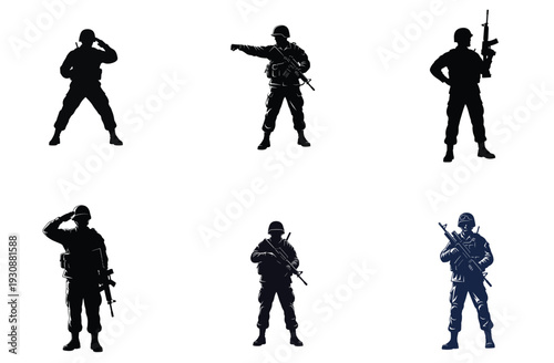 Soldier Silhouettes in Various Poses Vector Illustration