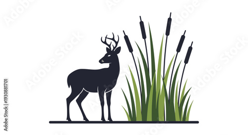 Majestic Deer Silhouette Beside Tall Reeds In A Minimalist Design