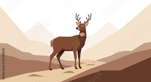Majestic Deer Standing On A Path In A Minimalist Mountain Landscape