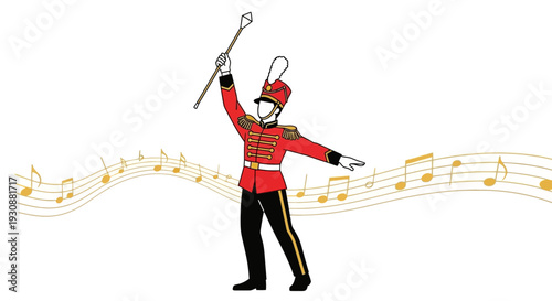 Majestic Drum Major Conducting Orchestral Harmony In Vibrant Red Uniform