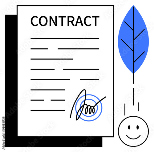 Contract concept. Contract agreement with signature, feather pen for traditional writing, and approval symbol. Contract for legal, business, compliance, corporate, documentation ideas