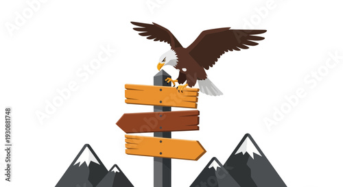 Majestic Eagle Perched On Directional Signpost Amidst Snowy Peaks